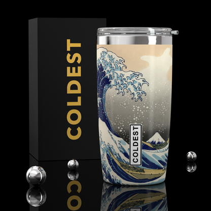 Coldest 20 oz Tumbler v2 hydration bottle with a wave design, featuring a sleek stainless steel body and spill-proof lid.