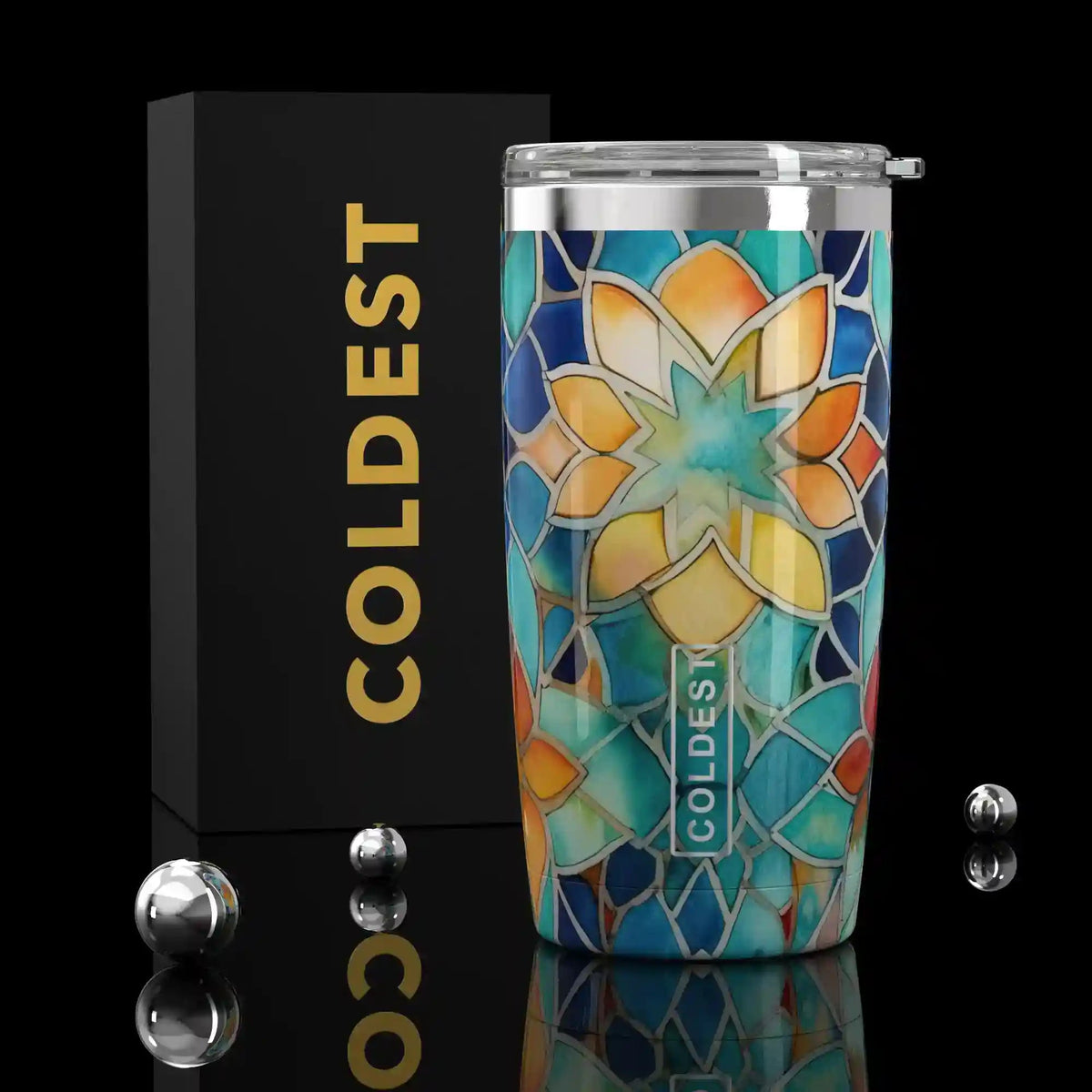 Coldest 20 oz Tumbler v2 hydration bottle with a Moroccan-inspired design, stainless steel body and spill-proof lid.