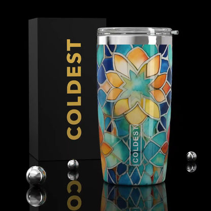 Coldest 20 oz Tumbler v2 hydration bottle with a Moroccan-inspired design, stainless steel body and spill-proof lid.