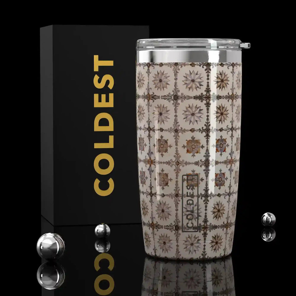 Coldest 20 oz Tumbler v2 hydration bottle with Persian design, stainless steel body, and spill-resistant lid for on-the-go hydration.