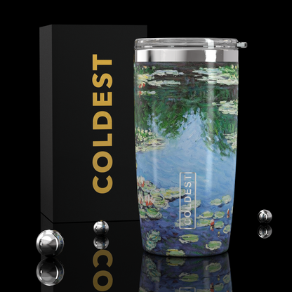 Coldest 20 oz Tumbler v2 hydration bottle with a water lilies design, stainless steel insulated travel mug for beverages.