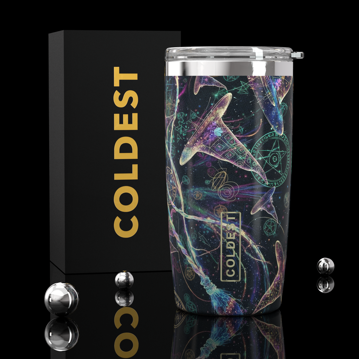 Coldest 20 oz Tumbler v2 hydration bottle with wizard sky design, stainless steel body, and spill-proof lid for cold drinks.