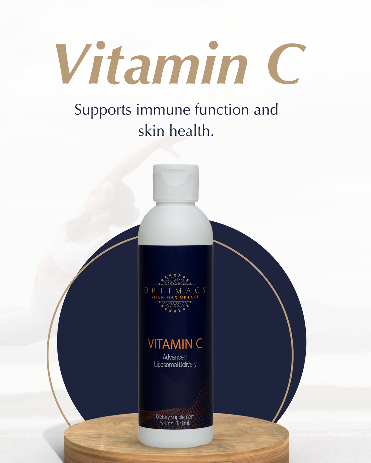 Liposomal Vitamin C supplement by OPTIMACY, showing the bottle with label and capsules inside, in a clean setting.