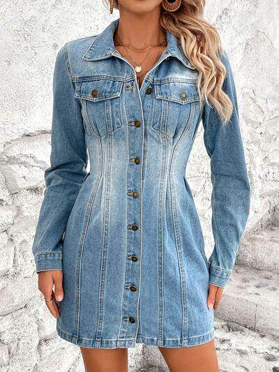 Women's denim dress with long sleeves, button-up style, featuring front pockets, by Trendsi.