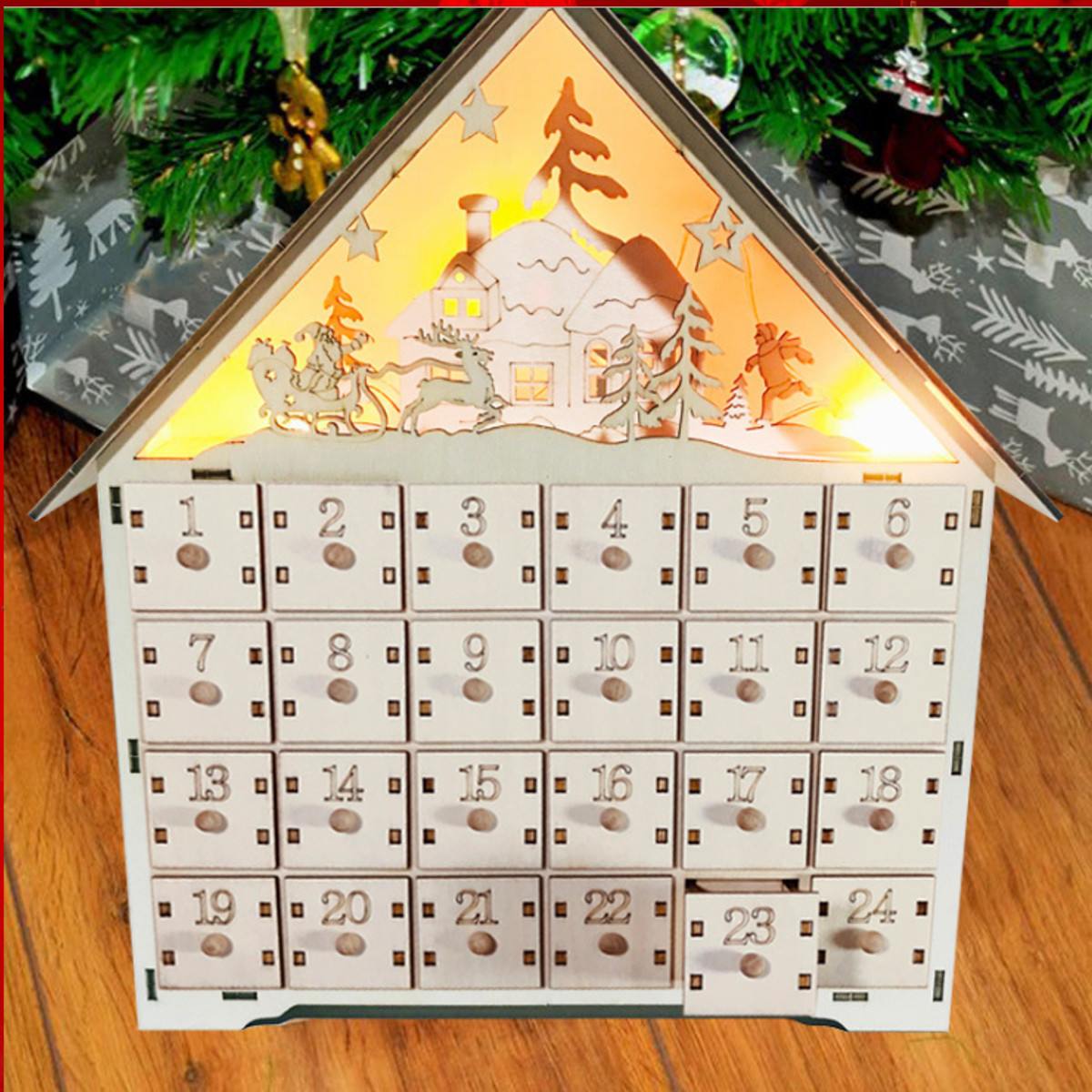 Christmas wooden calendar decorations with festive shapes and natural wood finish