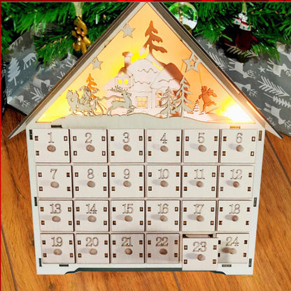 Christmas wooden calendar decorations with festive shapes and natural wood finish