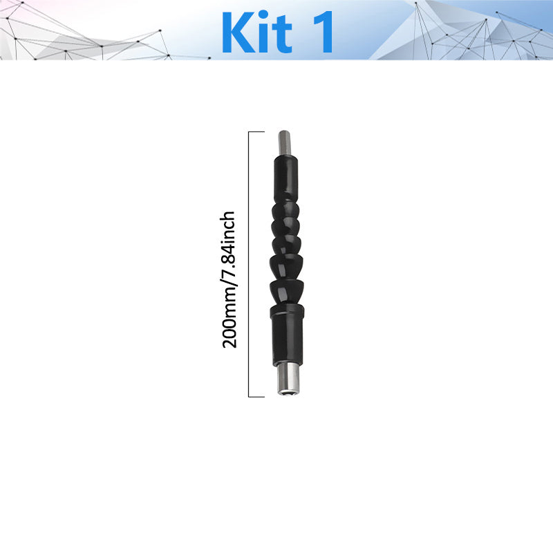 Flexible shaft drill bit holder with black flexible shaft and metal hex shank close-up