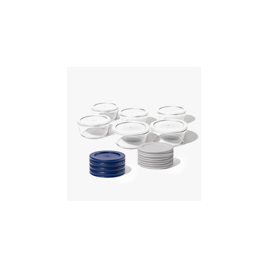 Set of 12 Dura Living glass storage containers with white lids, round 4-cup (32oz) glassware for food storage.