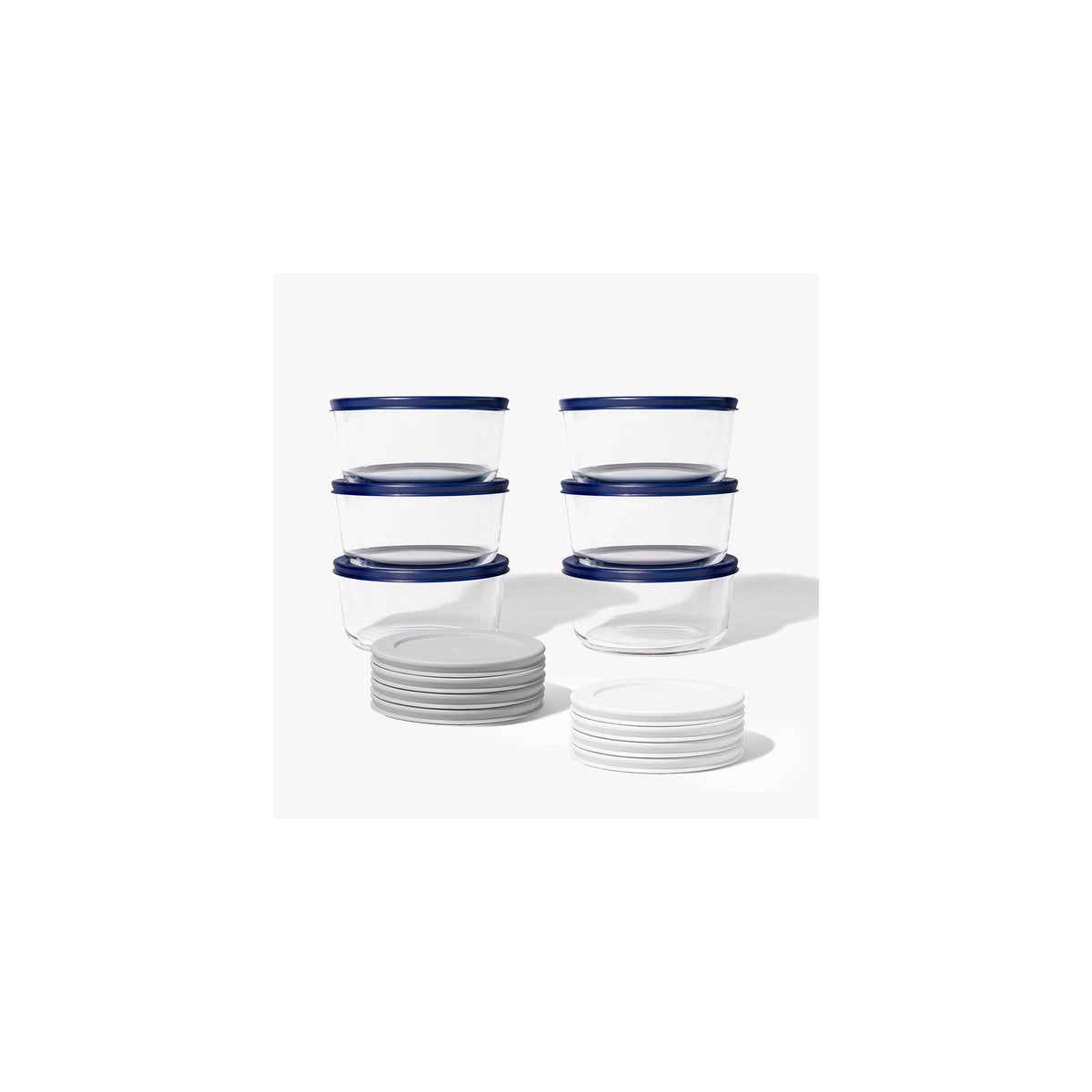 Set of 12 grey round glass storage containers with lids, 4 cups (32 oz), durable glassware by Dura Living.