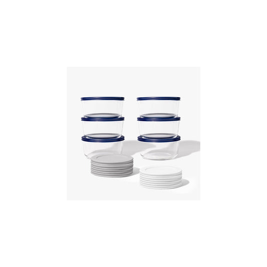 Set of 12 grey round glass storage containers with lids, 4 cups (32 oz), durable glassware by Dura Living.