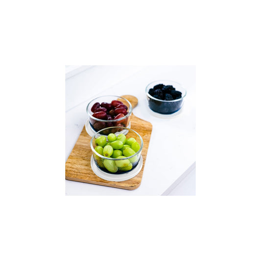 Set of 12 blue glass storage containers with lids, 2-cup (16oz) round glassware from Dura Living for kitchen organization.