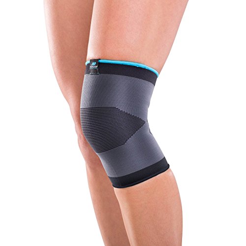 Black DonJoy Advantage DA161KS01-BLK-L slip-on elastic knee sleeve for sprains, strains, swelling, arthritis, size small.