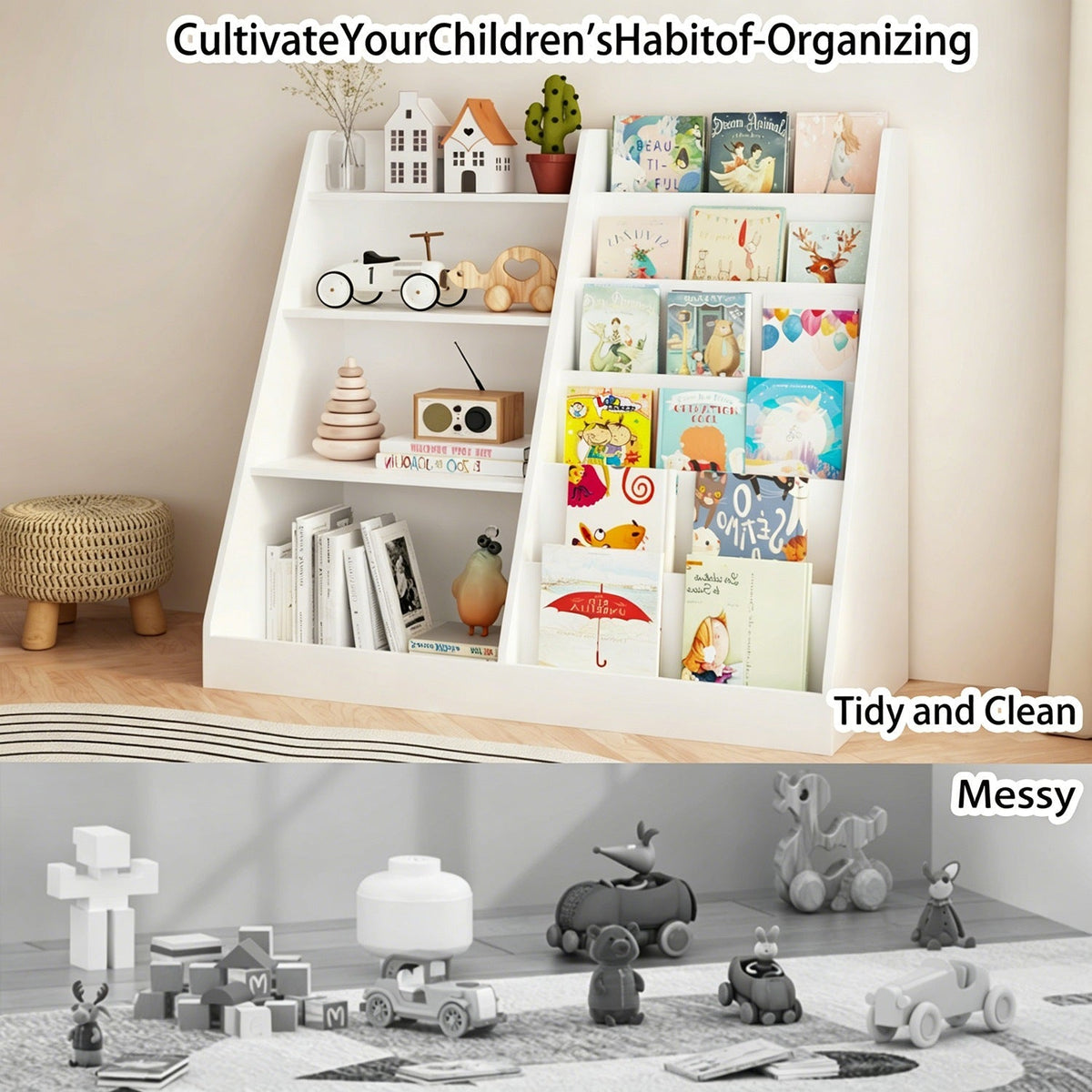 Wooden kids bookshelf with toy storage organizer, 34.65-inch height, ideal for children's bedrooms or play areas.