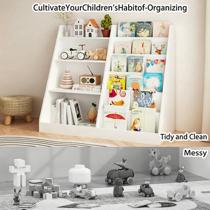 Wooden kids bookshelf with toy storage organizer, 34.65-inch height, ideal for children's bedrooms or play areas.