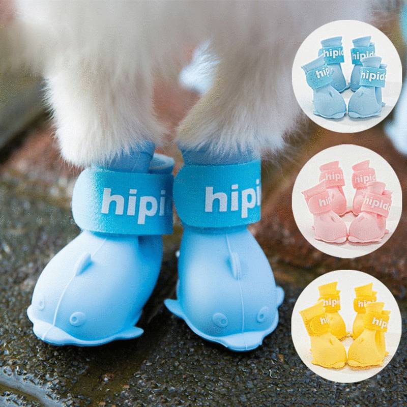Cartoon pet waterproof rain boots with colorful animal design and textured soles