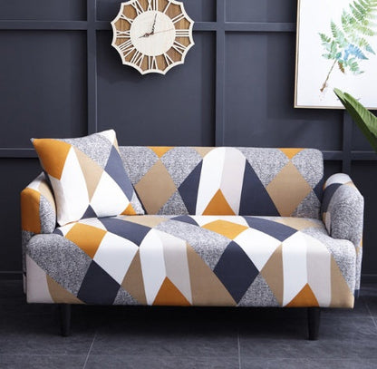 Elastic universal sofa cover in a neutral fabric, shown fitted over a sofa.