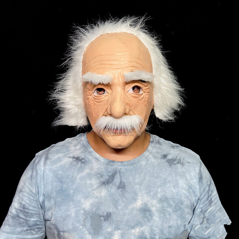 Old man Halloween mask with white hair and beard headgear, realistic facial features