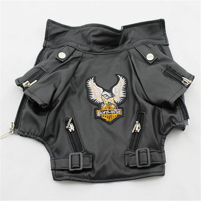 Small dog embroidered eagle leather jacket in black, shown front view