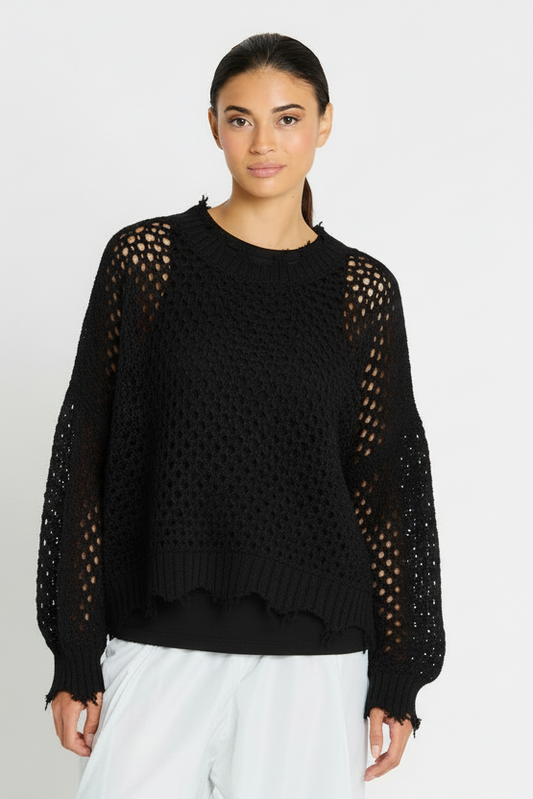 Black Pima cotton Hamptons Crewneck crochet sweater by PLANET by Lauren G, featuring a textured knit design and classic crewneck style.