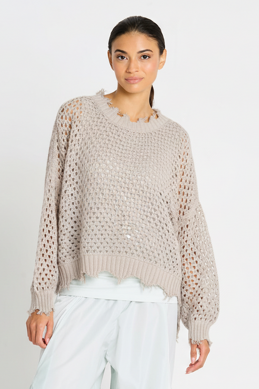 Planet by Lauren G Pima Cotton Hamptons Crewneck Crochet Sweater in Putty, showing a cozy knit sweater with a subtle crochet pattern.