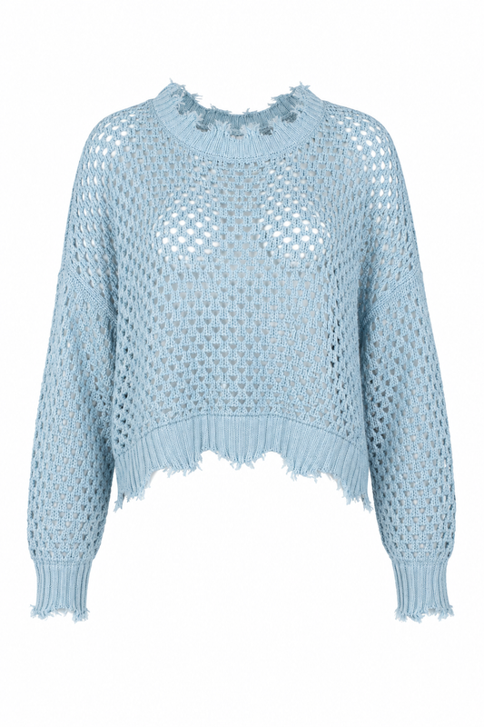 Planets Pima Cotton Hamptons Crewneck Crochet Sweater in Cameo color, featuring a soft knit fabric and detailed crochet design.