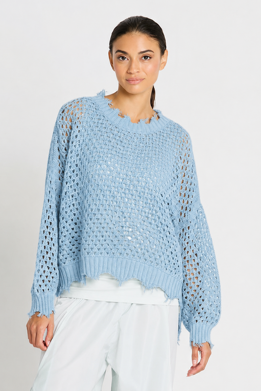Pima cotton Hamptons crewneck crochet sweater by PLANET by Lauren G in Cameo, featuring a textured knit design on a model.