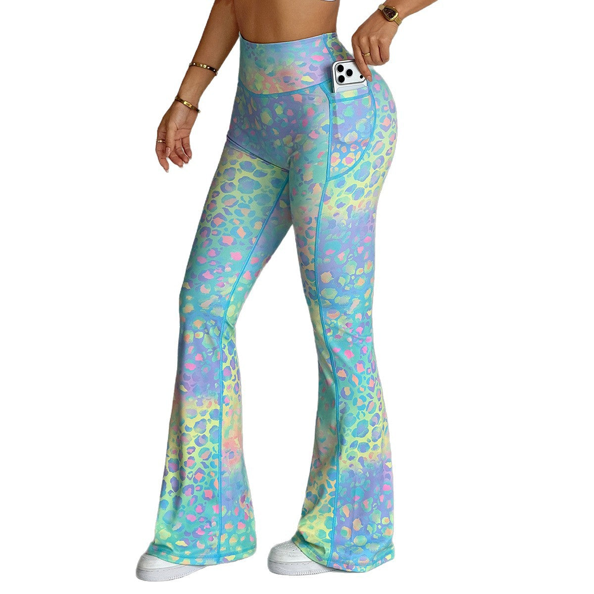Printed high-waisted tummy-control yoga fitness pants with a tight fit and patterned design.