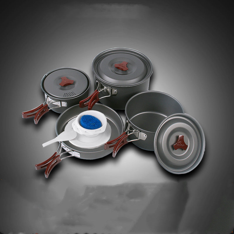 Picnic camping cookware set with compact pots and pan for outdoor cooking