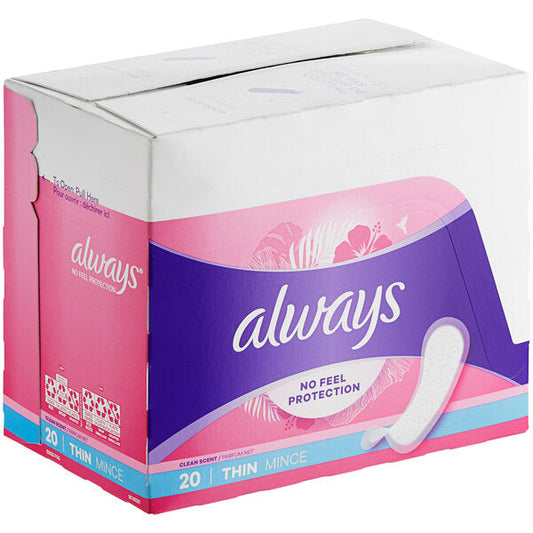 Always scented regular thin pantiliners in a 20-count pack, designed for comfort and discreet freshness.