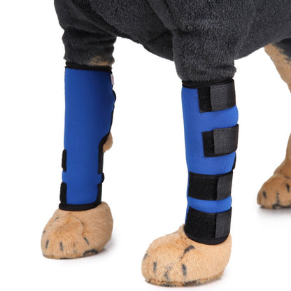 Dog leg brace shown in black, adjustable design for canine leg support