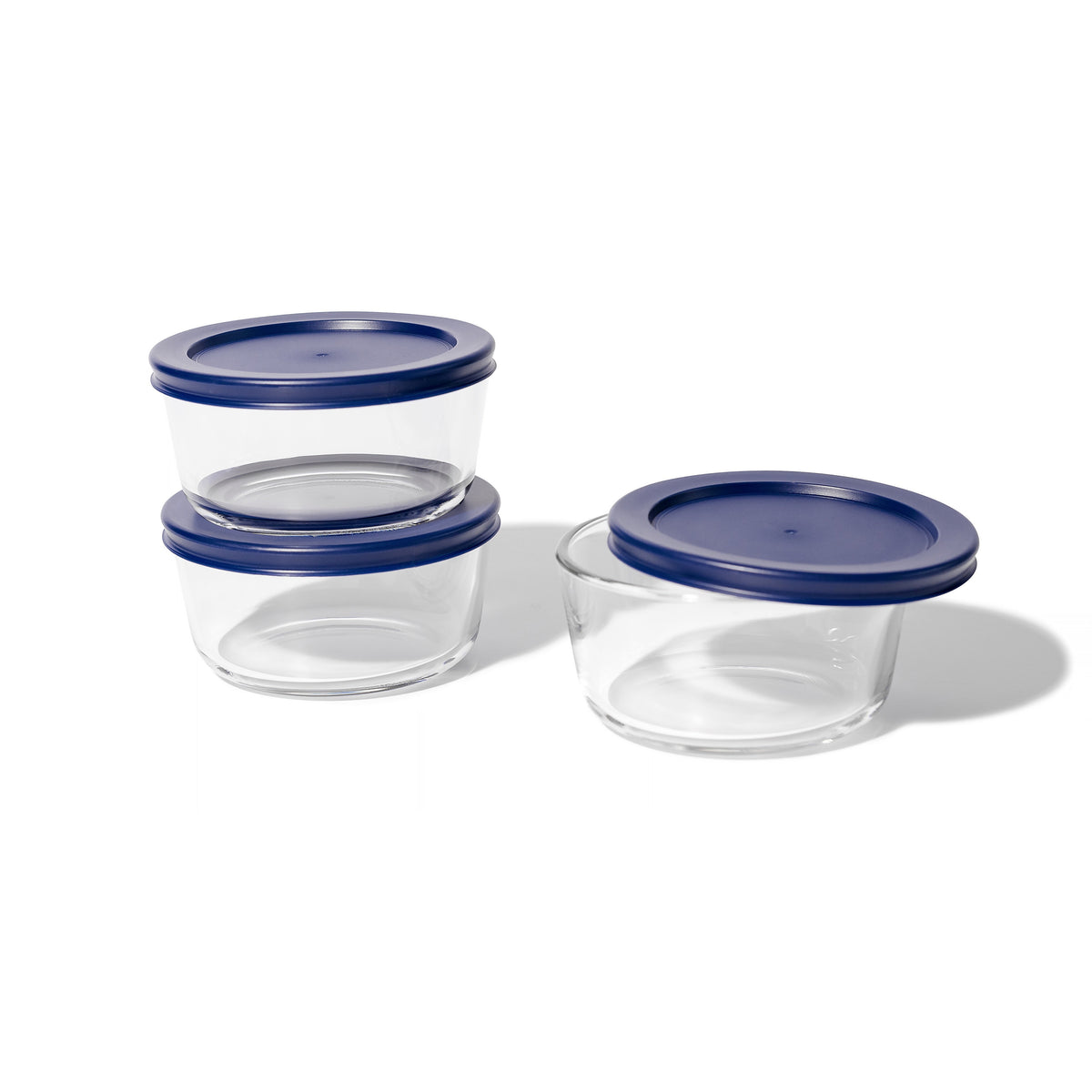 Six blue glass storage containers with lids, 16oz round glassware set by Dura Living for kitchen storage and organization.