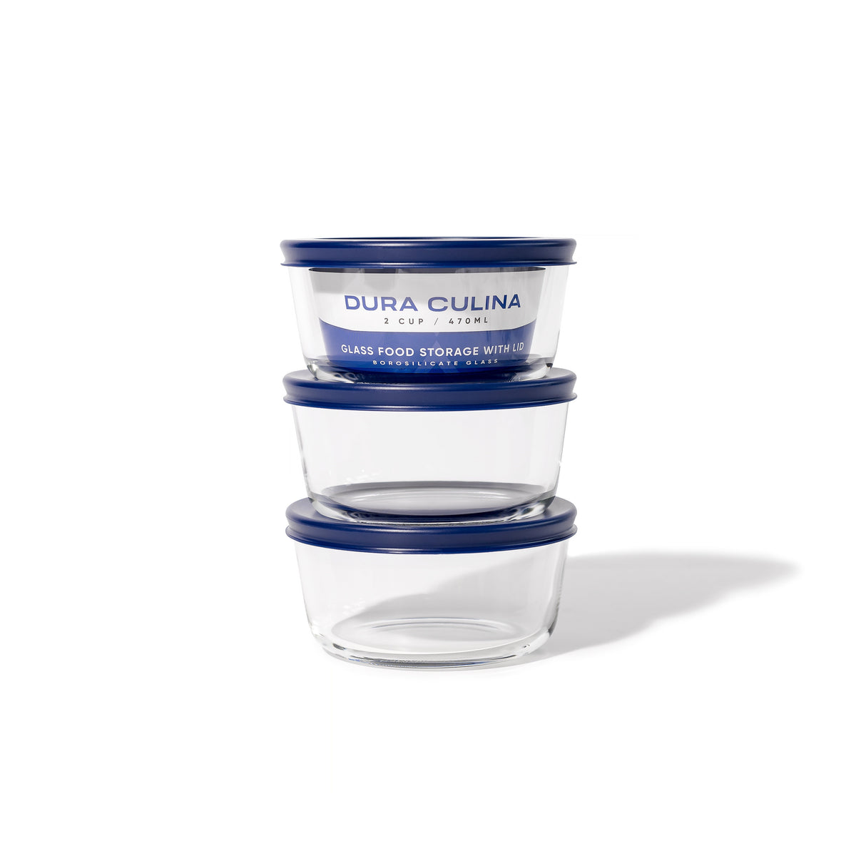 Six blue glass storage containers with lids, 16 oz round glassware set by Dura Living, featuring clear glass and blue lids.
