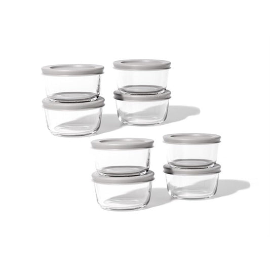 Set of 16 Dura Living round glass storage containers with grey lids, 7 oz capacity, ideal for kitchen organization and food storage.