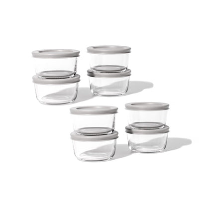 Set of 16 Dura Living round glass storage containers with grey lids, 7oz capacity, for kitchen organization and food storage.