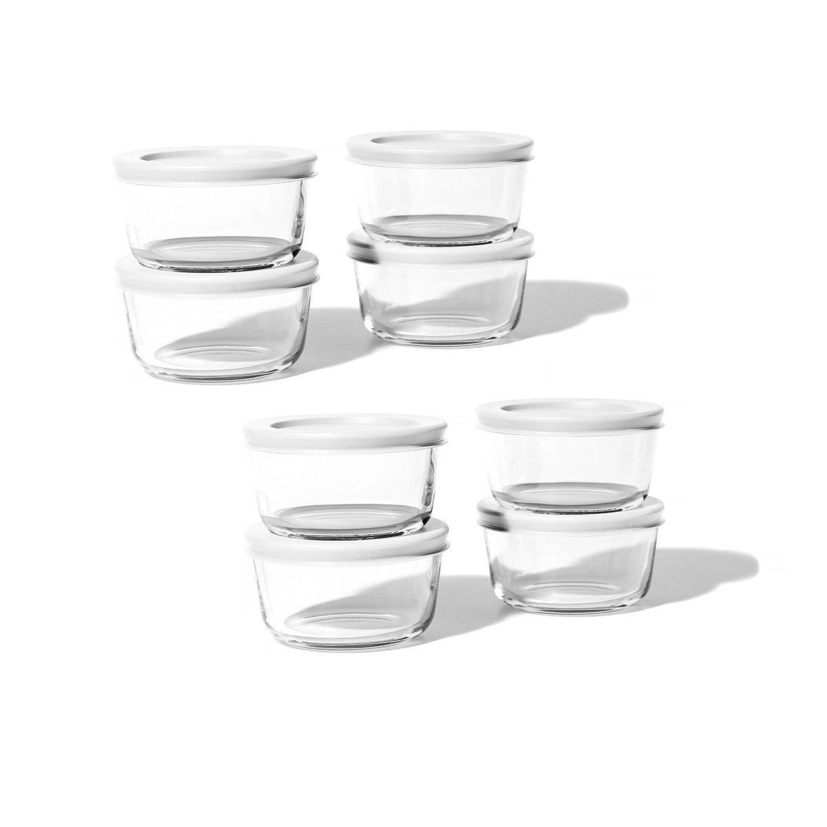 Set of 16 Dura Living round glass storage containers with white lids, 1 cup (8 oz) capacity, transparent glassware.