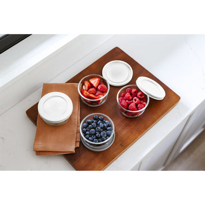 Set of 16 round glass storage containers with white lids, 1 cup (8 oz) capacity, by Dura Living, ideal for kitchen organization.