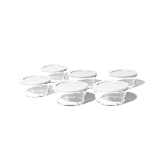 Set of 12 Dura Living glass storage containers with white lids, 16 oz round glassware for food storage and organization.