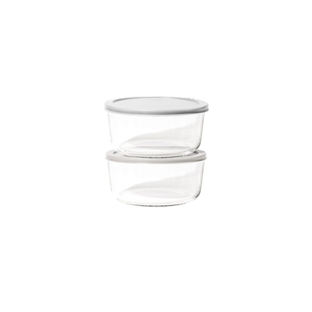 Dura Living 4-piece round glass storage containers with grey lids, 6.55 cups (52.4 oz), suitable for storing food or leftovers.