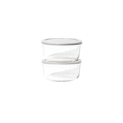 Dura Living 4-piece round glass storage containers with grey lids, 6.55 cups (52.4 oz), suitable for storing food or leftovers.