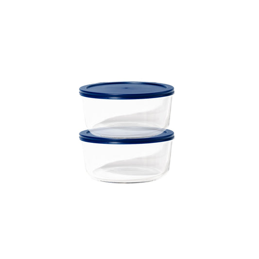 Four round Dura Living glass storage containers with blue lids, 6.55 cups capacity, ideal for kitchen organization and food storage.