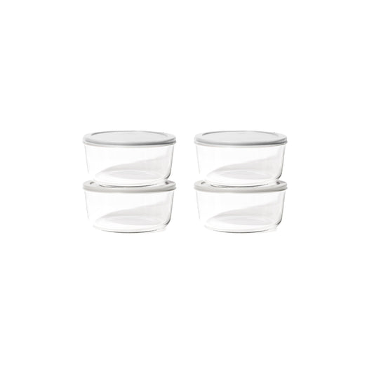 Set of six round glass storage containers with grey lids, 6.55 cups capacity, made by Dura Living for fresh food storage.