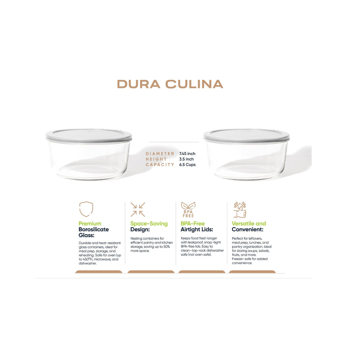 Six round glass storage containers with grey lids, 6.55 cups capacity, part of Dura Living 8-piece glassware set.