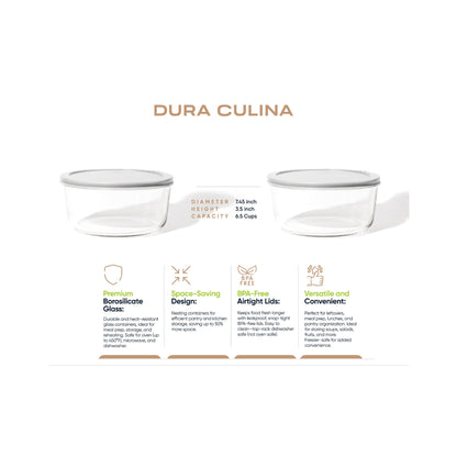 Six round glass storage containers with grey lids, 6.55 cups capacity, part of Dura Living 8-piece glassware set.