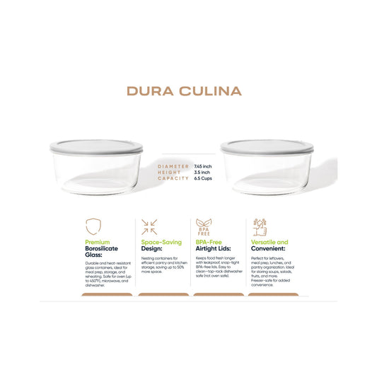 Six round glass storage containers with grey lids, 6.55 cups capacity, part of Dura Living 8-piece glassware set.