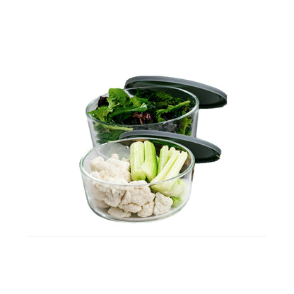 Set of six round glass storage containers with grey lids, 6.55 cups capacity, ideal for food storage by Dura Living.
