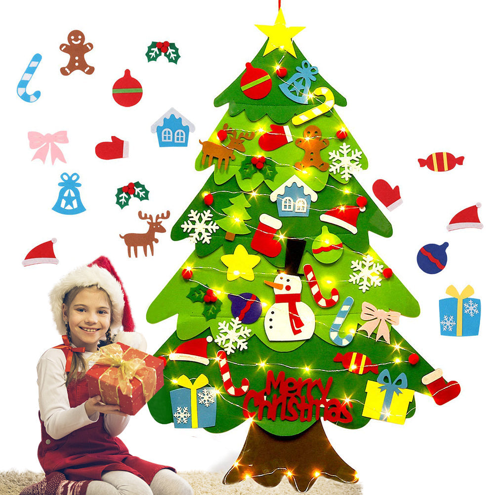 Children's DIY felt Christmas tree with decorative lights for holiday crafting