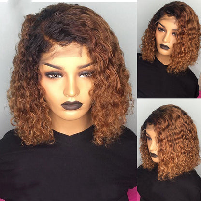 Water wave bob wig made from human hair, styled in a short wavy bob.