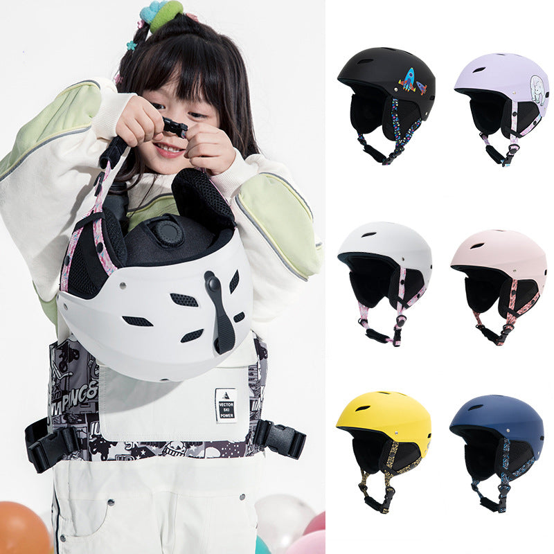 Child ski protective helmet by My Store, shown from the side with adjustable chin strap
