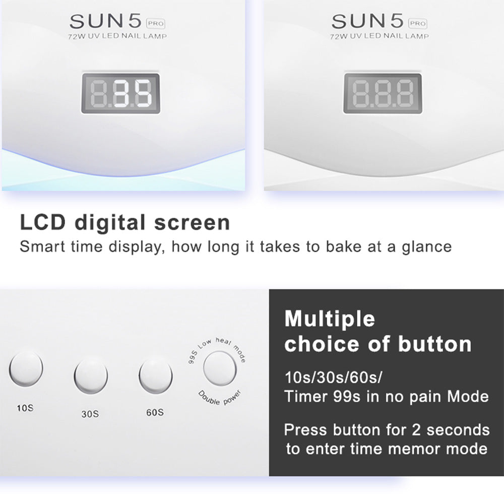 72W UV LED dual light solar nail lamp, compact white nail dryer with ventilation slots and digital display