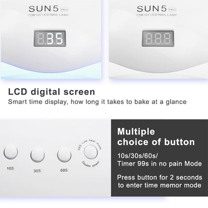 72W UV LED dual light solar nail lamp, compact white nail dryer with ventilation slots and digital display